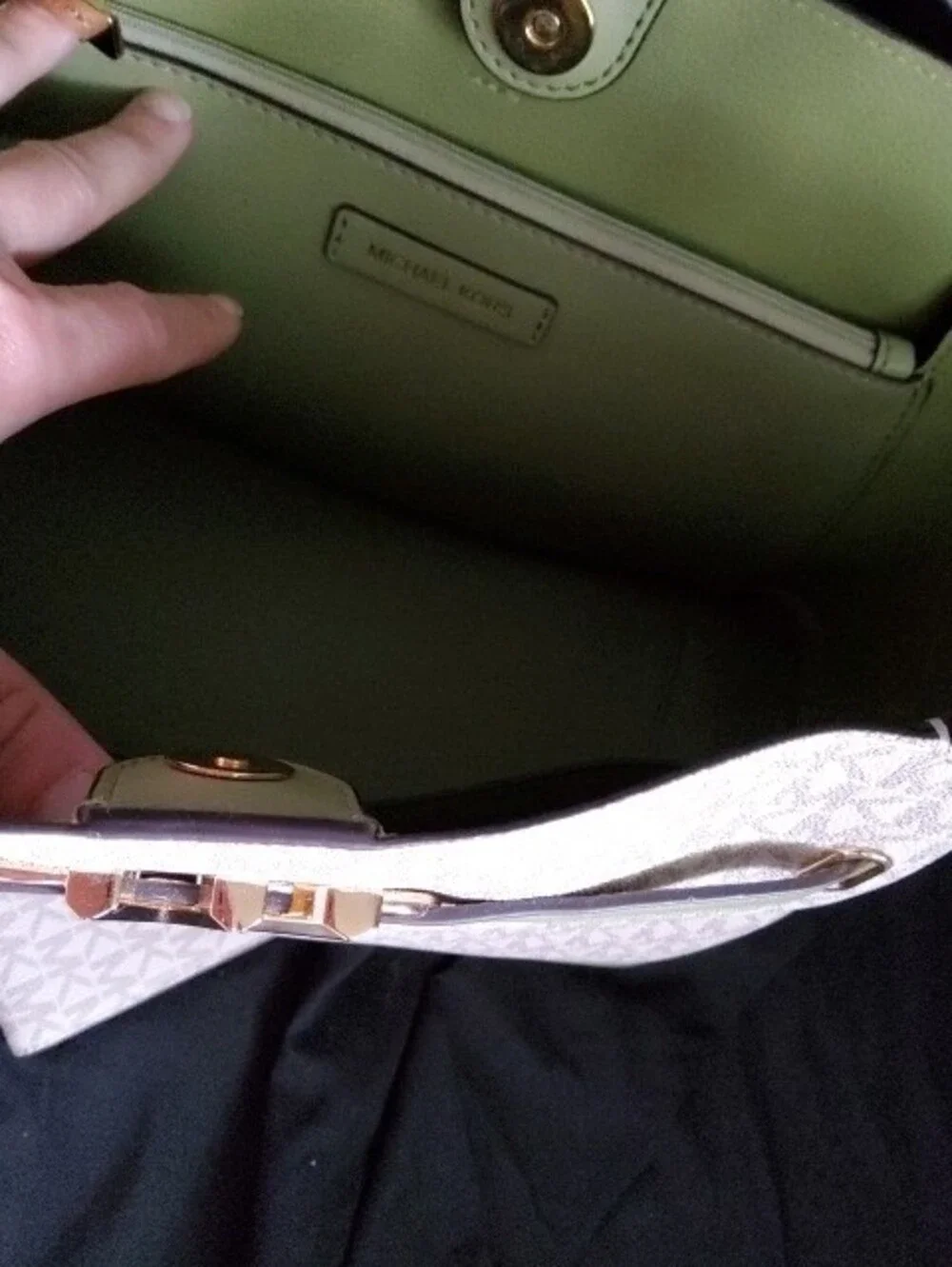New Michael Kors Beige Logo Tote with Olive Green Trim and Matching Wallet